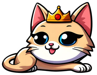 Fototapeta premium Cute cartoon cat with crown relaxing on transparent background