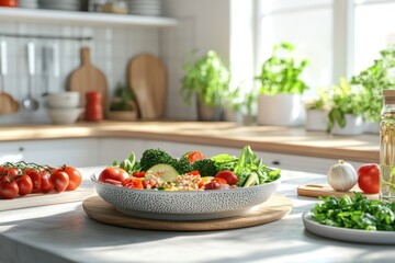 Fresh vegetables arranged in a bowl, ready for meal preparation in a bright, modern kitchen.