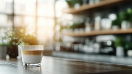 A beautifully layered glass of latte on a table in a sunlit, plant-filled environment that creates a serene and inviting atmosphere for a coffee lover.