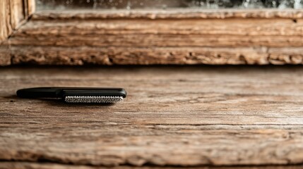 A single grooming tool is placed on a rough, weathered wooden surface, illustrating simplicity and functionality with rustic charm in a natural setting.