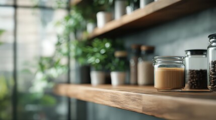 A jar of coffee sits stylishly on a wooden shelf adorned with greenery and plant decor, creating a fresh, organic, and aesthetically pleasing arrangement.