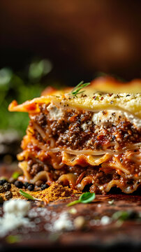 Delicious Homemade Lasagna with Rich Meat and Cheese Layers - Close-up of a homemade lasagna slice showcasing savory meat and cheese layers. 