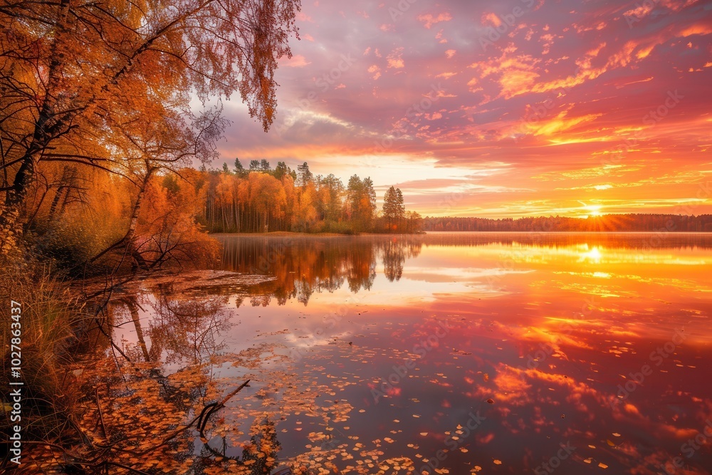 Poster the sky erupts in vibrant colors as the sun sets, casting a golden glow over the lake’s serene surfa