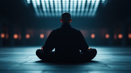 A bald monk sits in deep meditation, cross-legged, in a dimly blue-lit spacious interior, reflecting deep inner peace and solitude in a modern zen space.