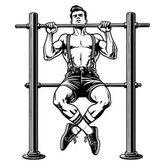 Man performing pull-ups on a bar in a bold graphic style. Raster, generative ai.