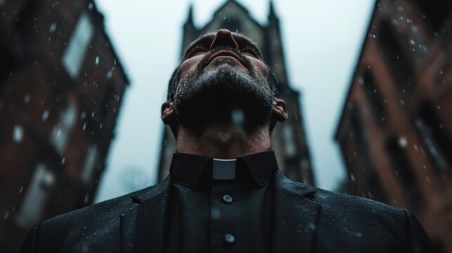 A man in a clerical collar stands with head upturned in front of a towering Gothic church, with raindrops visibly falling against a dramatic backdrop.