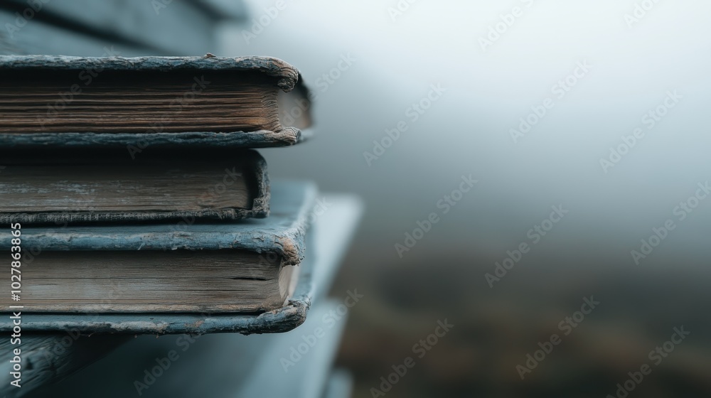 Poster a close-up photograph showing a stack of old and weathered books, with edges frayed, set in a myster