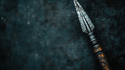 An aged and worn spearhead is isolated against a dark and shadowy rustic backdrop, hinting at tales of ancient warriors and bygone eras of battle.