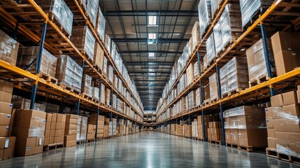 Fototapeta premium A spacious warehouse filled with stacked boxes on shelves, organized for storage and distribution.
