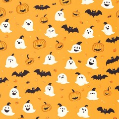 Cute Halloween wallpaper pattern in cartoon style. Halloween and autumn background illustration in orange and black. Bat, ghost, pumpkin.