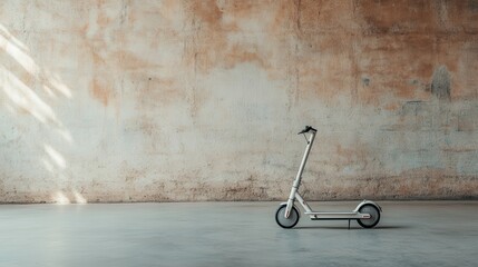 An e-scooter is parked indoors against an aged, rough wall, embodying the juxtaposition between modern technology and historical architectural aesthetics.