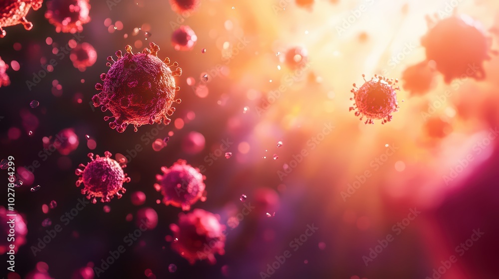 Poster vibrant microscopic view of virus cells illuminated by light, showcasing intricate details and color
