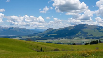 Obraz premium Expansive green landscape with distant mountains and fluffy clouds under a bright blue sky