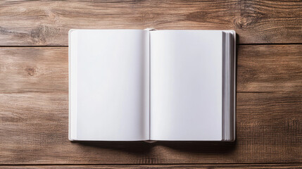 Fototapeta premium An open book with blank white pages resting on a rustic wooden surface, inviting creativity and new ideas during the afternoon