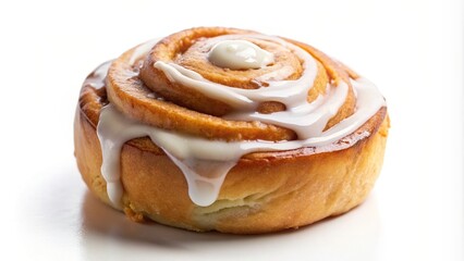 white background, snack, aroma, dessert, A close up shot of a delicious cinnamon bun with white icing placed on a white background at a low angle to create a forced perspective illusion