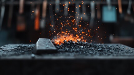 Intense scene of glowing sparks rising above burning coal in a traditional blacksmith forge, casting a warm glow and showcasing the art of metalworking.