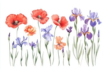 Fototapeta premium A beautiful collection of watercolor flowers, including poppies and irises, perfect for decorative designs and floral themes.