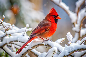 Bright red cardinal bird perched on a snow-covered branch in winter