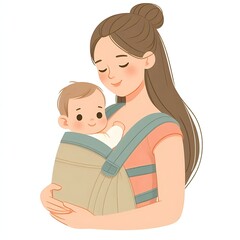 Flat style illustration of a baby nestled in a carrier on mom’s chest. Perfect for family and parenting-related designs. Warm and nurturing composition, ideal for showcasing mother-child bonding and