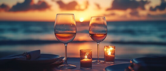 Romantic setting with wine glasses and candles at sunset by the ocean, perfect for creating intimate moments.