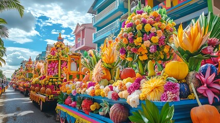 Colorful flower-covered floats lined up in a parade. Brightly painted buildings in the background.

