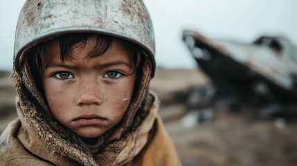 Close-up of a serious, focused child dressed in a vintage astronaut outfit in a desolate setting, embodying determination, isolation, and imaginative exploration.