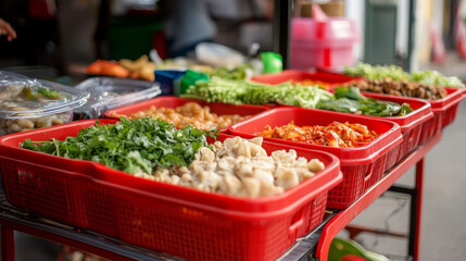 Obraz premium A cart with red trays filled with food.