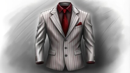 White Pinstriped Suit with Red Tie and Pocket Square