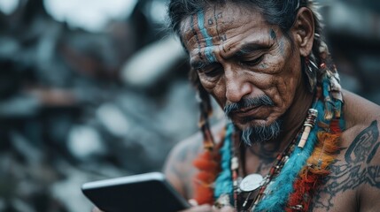 An indigenous man with traditional face paint examines a smartphone, blending cultural heritage with modern technology amidst a natural background setting.