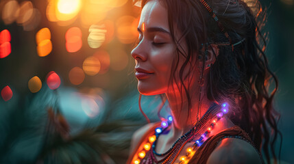 Woman with long hair and a necklace with lights on it is looking at the camera. The necklace is colorful and the woman is smiling