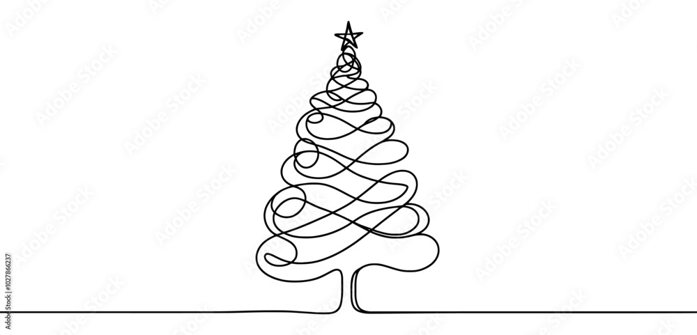Poster continuous linear drawing of christmas tree. one line drawing christmas tree. christmas tree in one 