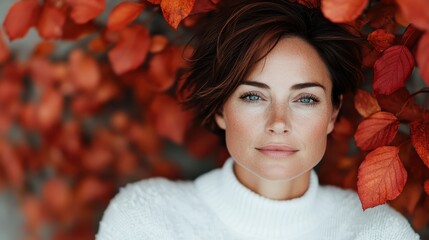 This striking portrait highlights a woman with serene expressions enveloped in red fall leaves, capturing the rich warmth and beauty of autumn's embrace.