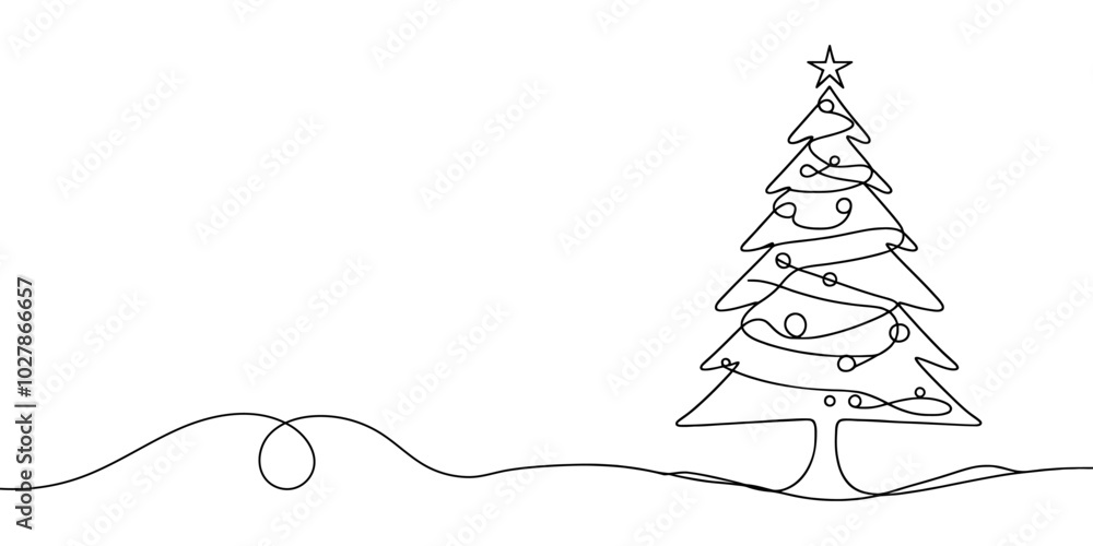 Poster continuous linear drawing of christmas tree. one line drawing christmas tree. christmas tree in one 