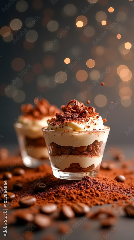 Poster two elegant desserts layered with chocolate and cream sit on a table, surrounded by cocoa powder and