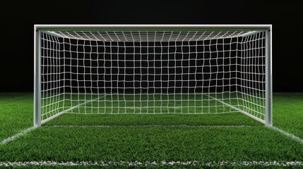 Fototapeta premium A lonely soccer goal stands on a lush green field under the night sky, illuminated by stadium lights, creating a dramatic and serene sports scene