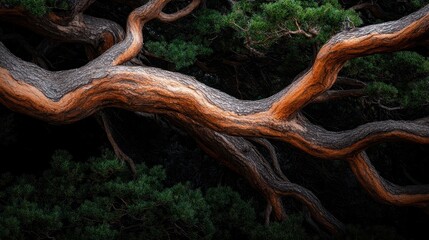 Dark green leaves outline the old, gnarled branches twisting through a dense canopy, illustrating the passage of time and the enduring spirit of nature's resilience.