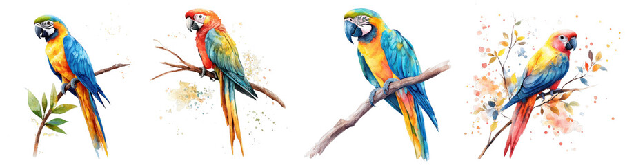 Fototapeta premium A colorful parrot perched on a small branch, illustrated in pastel watercolor, shown on a transparent background.