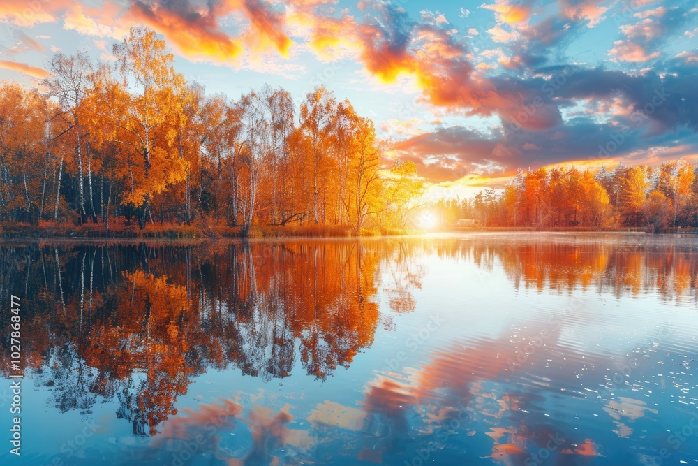 Poster The sky bursts with orange and pink hues during a tranquil autumn sunset, reflecting beautifully on the serene lake. Generative AI