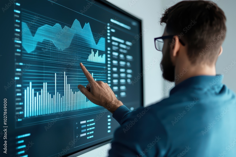 Poster a man analyzing data on a large digital screen showcasing graphs and statistics.