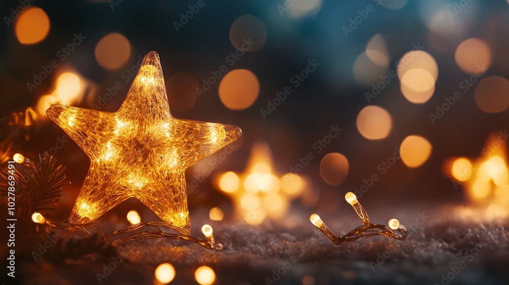 Aufkleber two glowing star ornaments hanging from a tree, surrounded by soft warm lights and bokeh. perfect fo