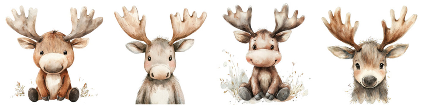 A cartoon moose with large antlers, illustrated in soft pastel watercolor style, placed on a transparent background.