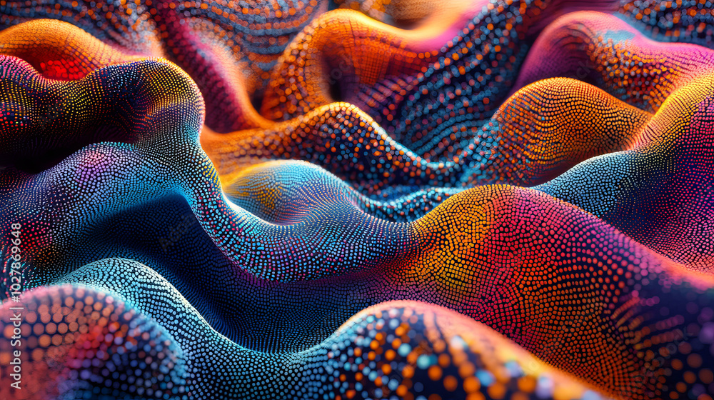 Poster a colorful, swirling pattern made of dots creates a 3d visual. it's like a flowing stream of music, 