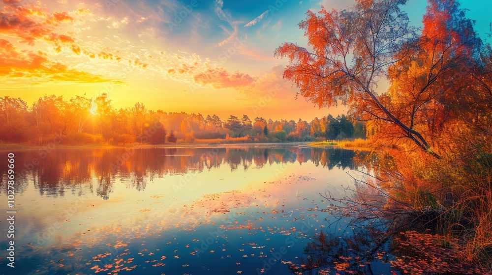 Canvas Prints The sky bursts with warm hues as the autumn sun sets, casting beautiful reflections on the calm water, creating a peaceful atmosphere. Generative AI