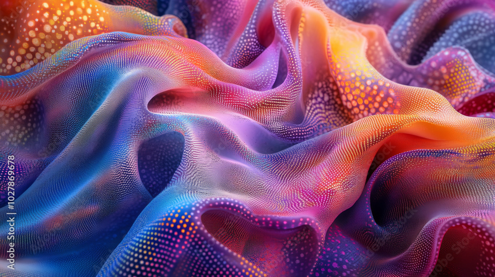 Poster a colorful, swirling pattern made of dots creates a 3d visual. it's like a flowing stream of music, 