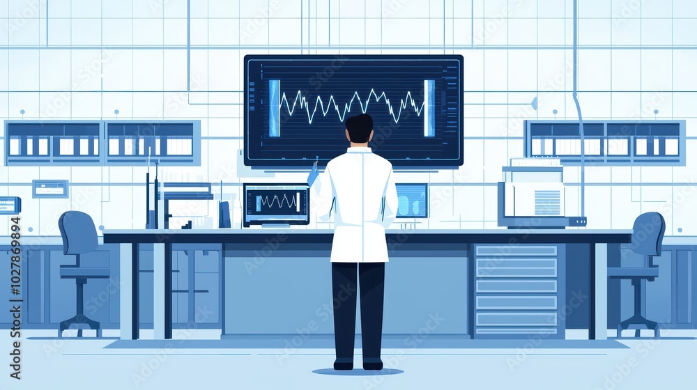 Poster a scientist analyzes data on a large monitor in a modern laboratory environment.
