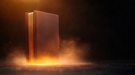 A mystical book surrounded by glowing dust against a dark backdrop, symbolizing knowledge and enlightenment.