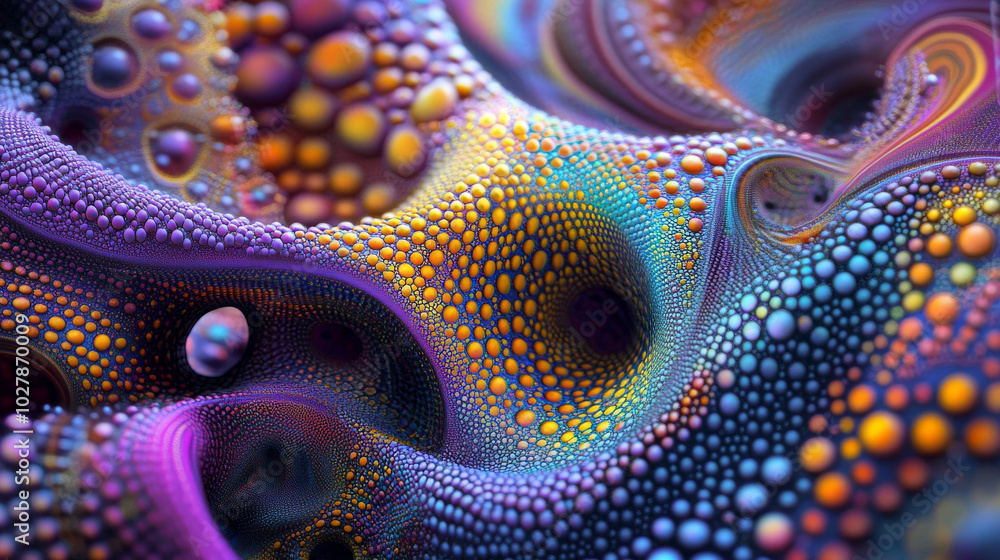 Poster a colorful, swirling pattern made of dots creates a 3d visual. it's like a flowing stream of music, 