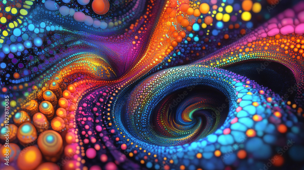 Poster a colorful, swirling pattern made of dots creates a 3d visual. it's like a flowing stream of music, 