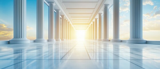 Obraz premium A serene architectural corridor with classical columns and a radiant sunrise.