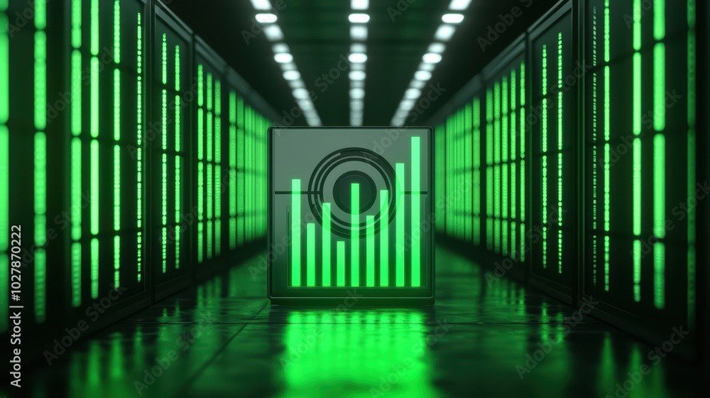 Poster a sleek data center with glowing green lights and a central data visual icon.